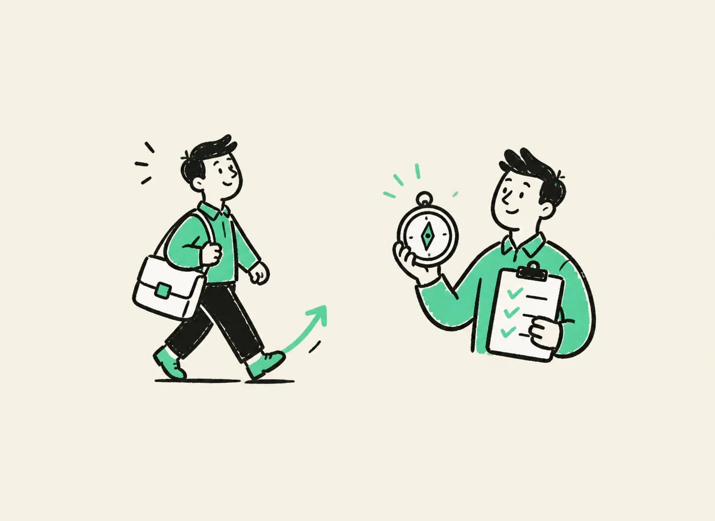 Two career guidance doodles showing a person walking forward and a guide holding a compass